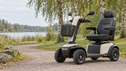 En firehjulet el-scooter i gråt og creme set fra siden på en grussti i en park med birketræer