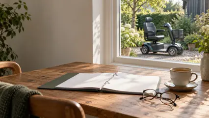 En åben mappe, et par læsebriller og en kop kaffe på et køkkenbord, med en el-scooter parkeret i haven uden for vinduet