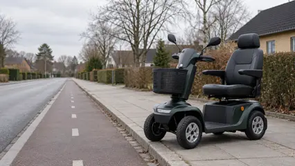 En mørkegrøn firehjulet el-scooter holder ved kanten af en cykelsti ved siden af et bredt fortov i et stille villakvarter