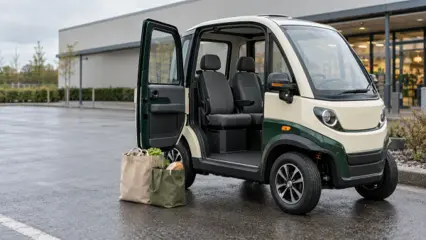 En lukket kabinescooter med åben dør og to tomme sæder holder ved en parkeringsplads med to indkøbsposer ved siden af