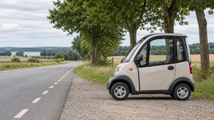 En lille lukket kabinescooter i lys creme holder i rabatten ved en landevej med cykelsti, marker og en række træer