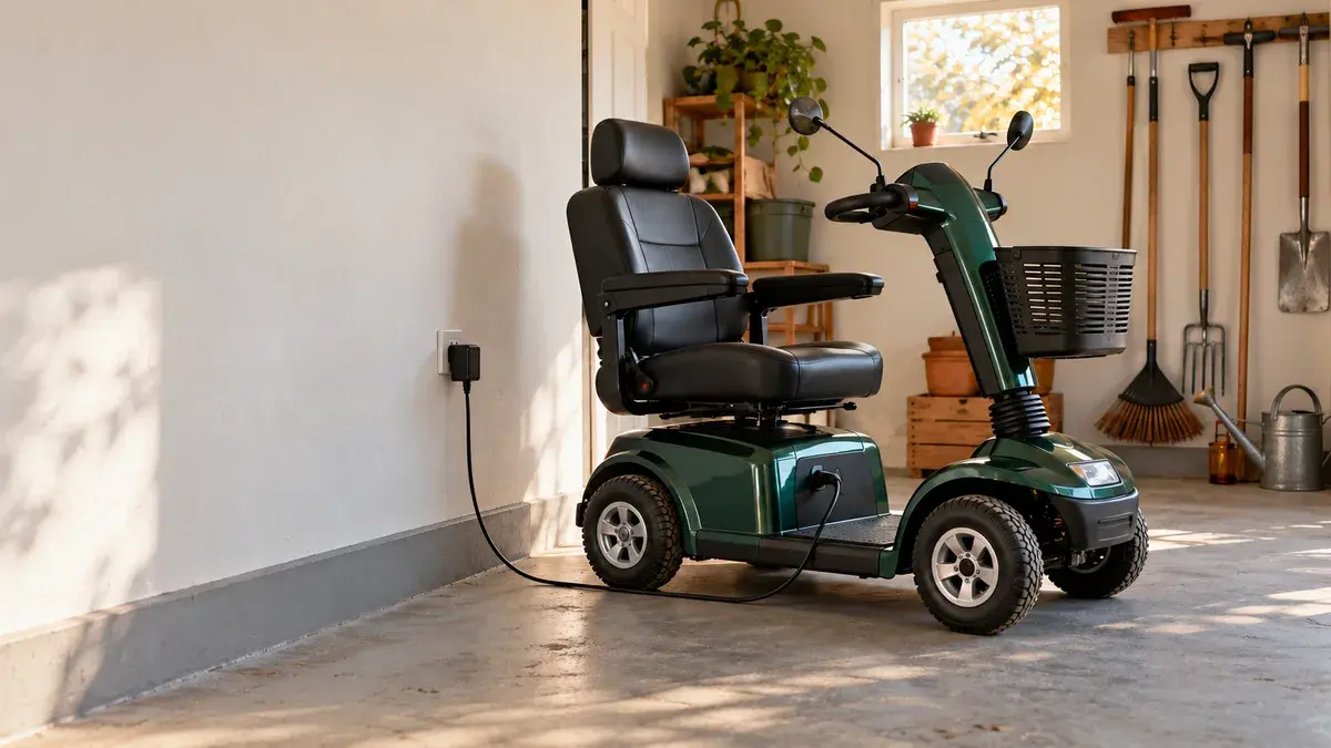 En firehjulet el-scooter står i en ryddelig garage med en sort ladeledning sat i stikkontakten på væggen