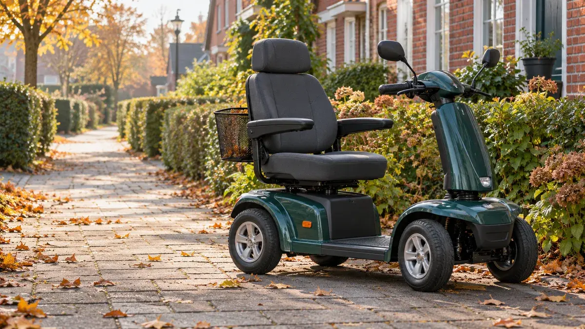 En mørkegrøn firehjulet el-scooter med polstret sæde og kurv holder på en flisebelagt sti mellem hække og røde murstenshuse om efteråret