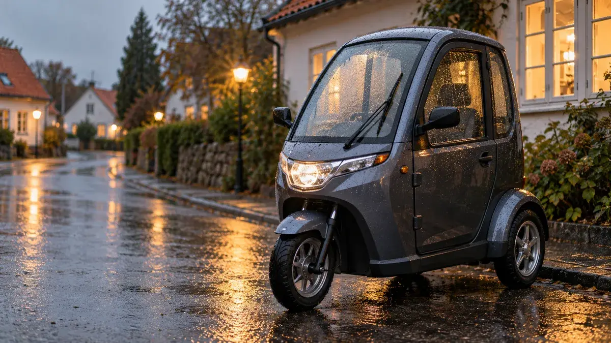En lille mørkegrå trehjulet kabinescooter med lukket kabine og vinduesvisker holder på en våd landsbygade i let regn
